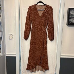 Elegant Brown Polka Dot Wrap Dress